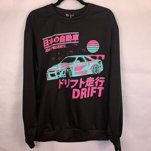 RomWe Black Long Sleeve Drift Graphic Pullover